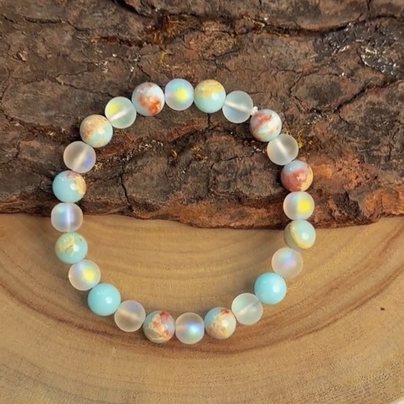 Halo Quartz and Ocean Jasper Stretch Bracelet - Picture 1 of 5